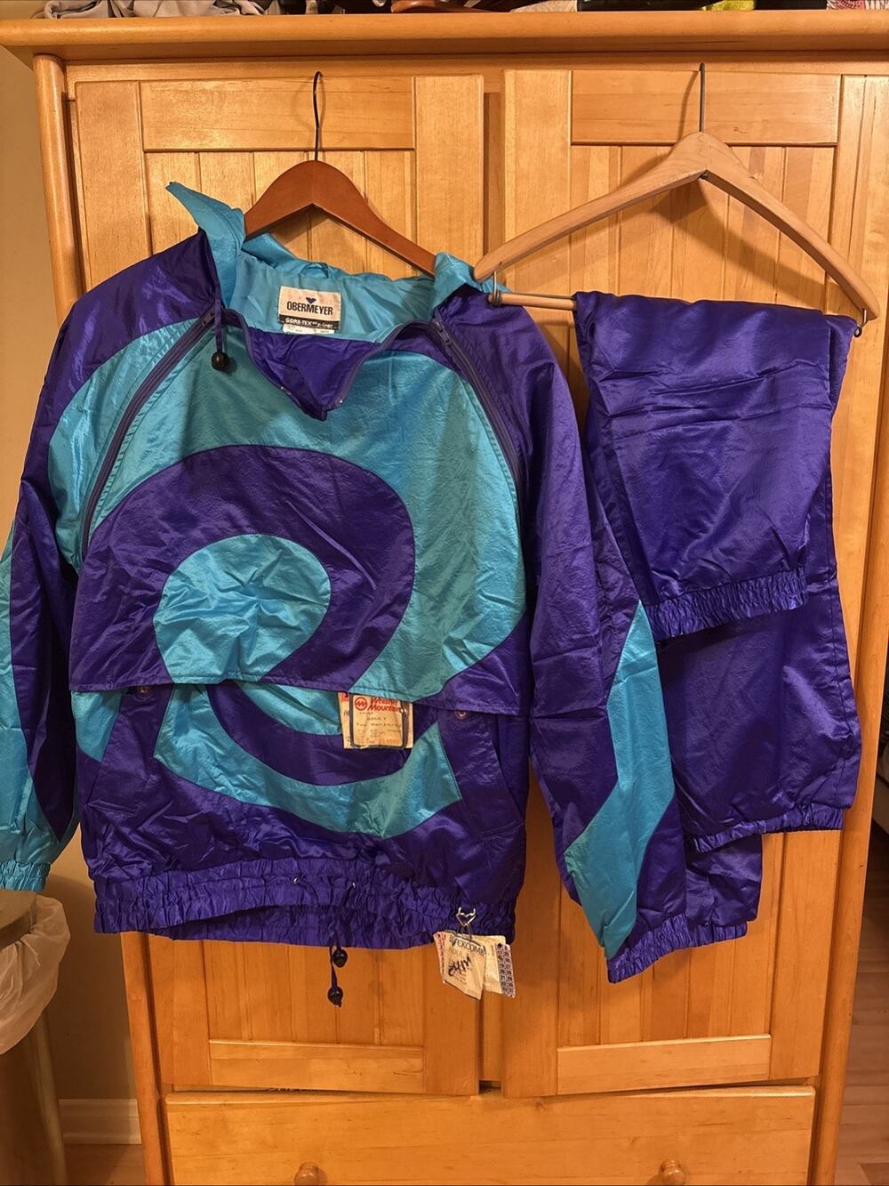 90s OBERMEYER GORE-TEX 3pc Ski Suit Set Swirl Jacket 10 Pants 8 & 10 Purple ⛷️